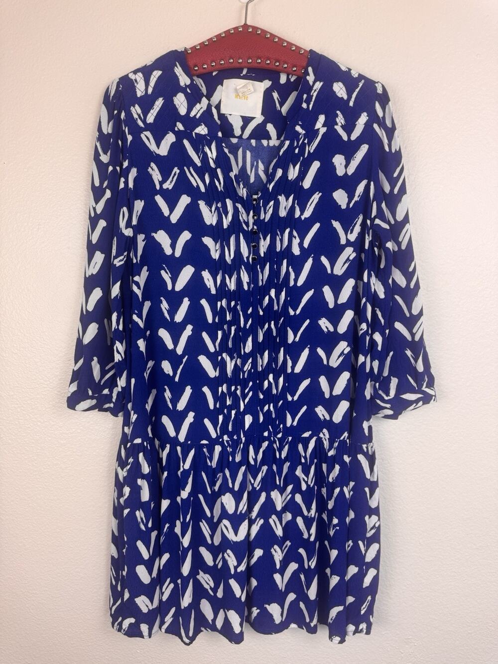 Anthropologie Maeve Caravane Boho Drop Waist Printed Tunic Dress Pintuck Blue M
